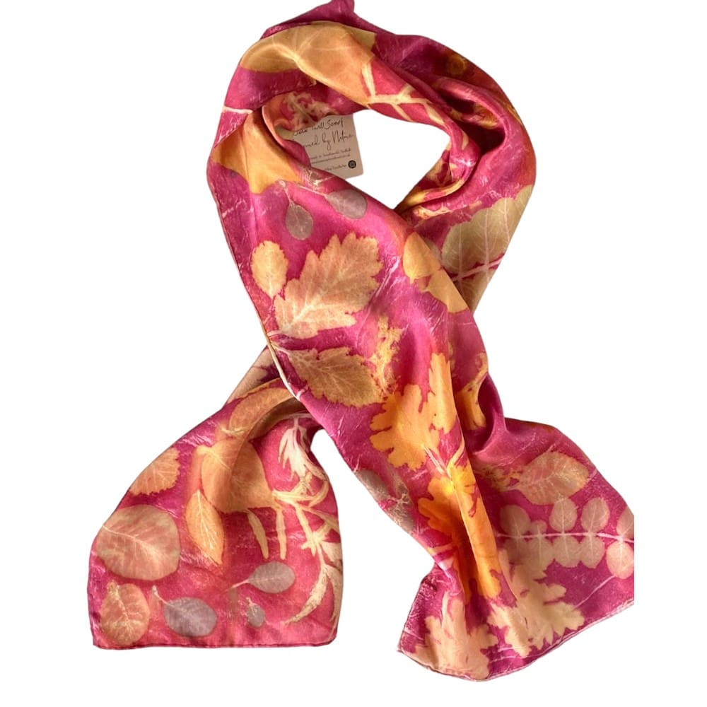 Magenta Queen Silk Twill Scarf Botanically Printed with Leaves and Flowers marian may textile art