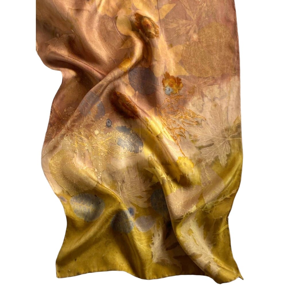 Autumn Gold Silk Twill Scarf Botanically Printed with Leaves and Flowers marian may textile art
