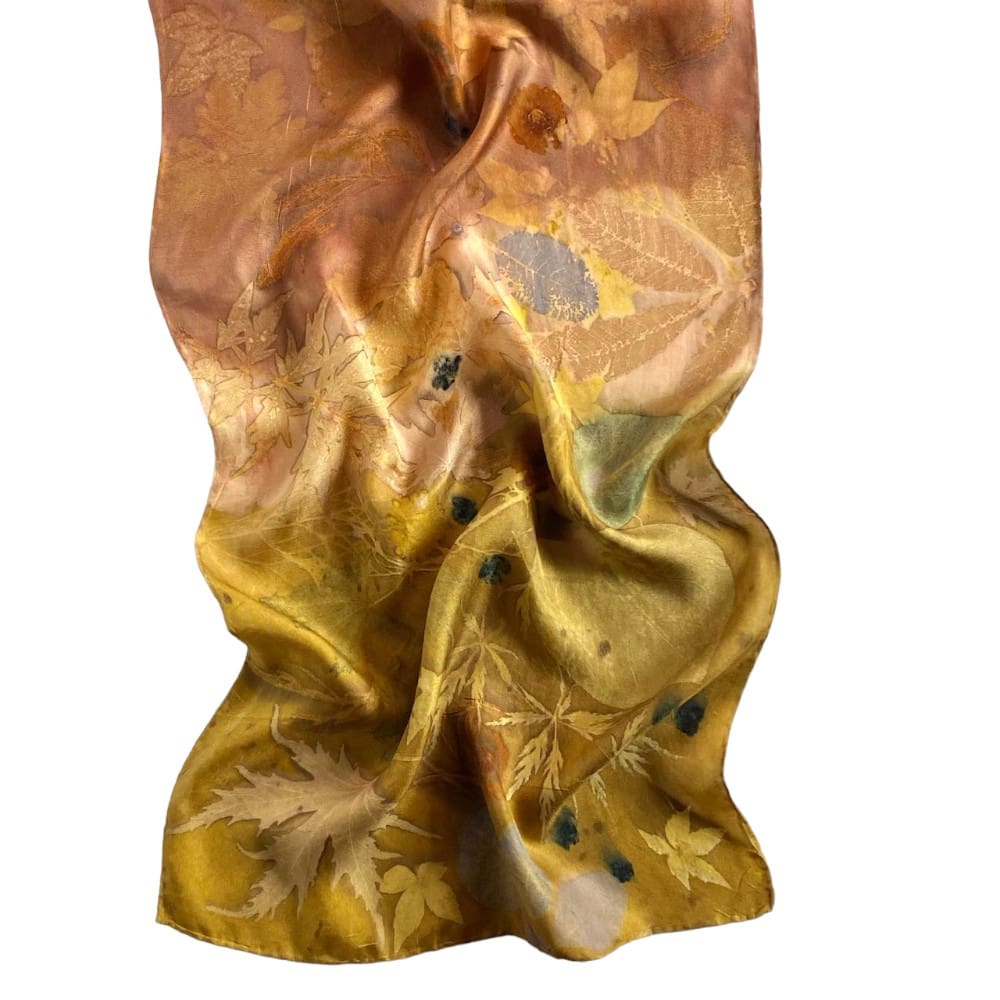 Autumn Gold Silk Twill Scarf Botanically Printed with Leaves and Flowers marian may textile art