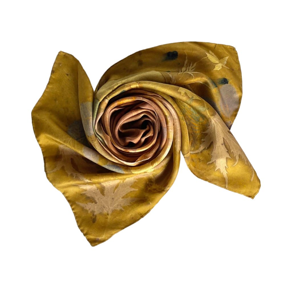 Autumn Gold Silk Twill Scarf Botanically Printed with Leaves and Flowers marian may textile art