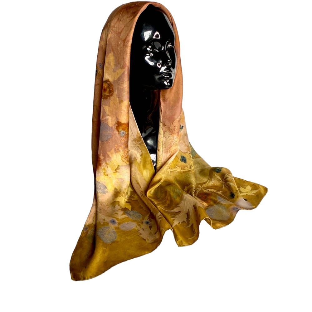 Autumn Gold Silk Twill Scarf Botanically Printed with Leaves and Flowers marian may textile art