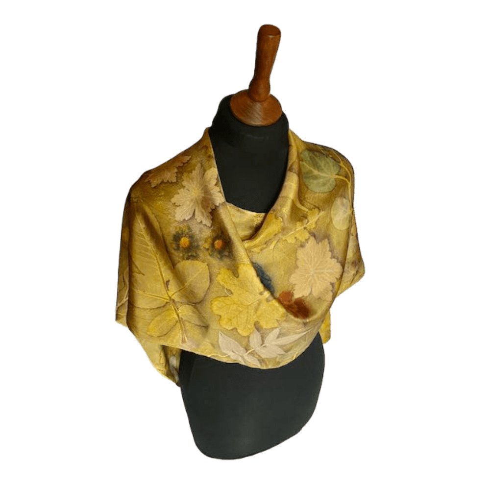 golden chartreuse silk twill scarf botanical prints 23204 marian may textile art
