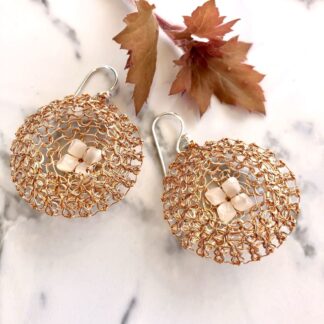 Pearl flower earrings with copper colour wirework, perfect gift or holiday accessory