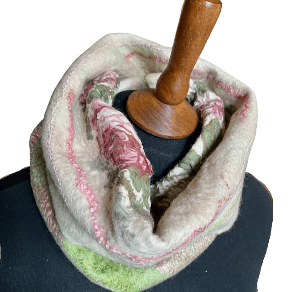 Vintage Rose neckwarmer wool and silk marian may textile art
