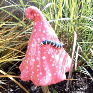 Red Ceramic Mushroom with Caterpillar