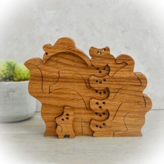 Handcrafted oak stacking cats and mouse ornament with 8 cats and 1 mouse