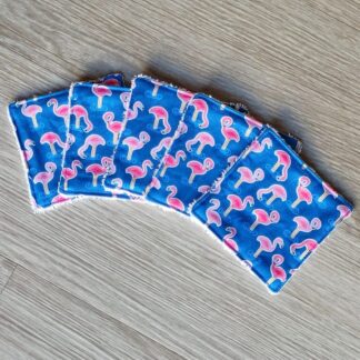 Set of 5 reusable face wipes with a flamingo print cotton fabric and bamboo towelling.