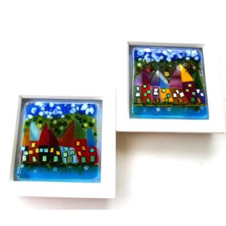 Fused glass wonky cottage framed pictures unique handmade ooak joysofglass