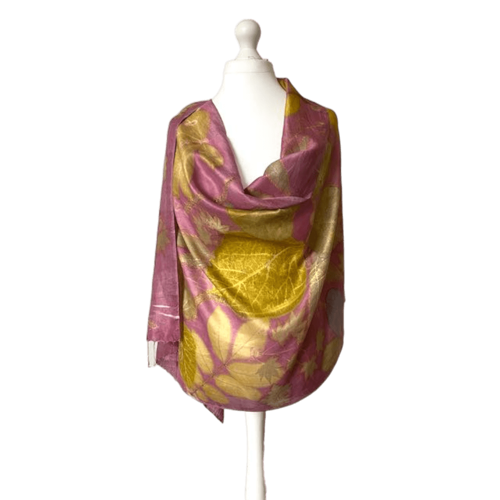 Pink and Gold Silk Shawl with Leaf Prints - Summer Gold - eri peace silk - Image 2