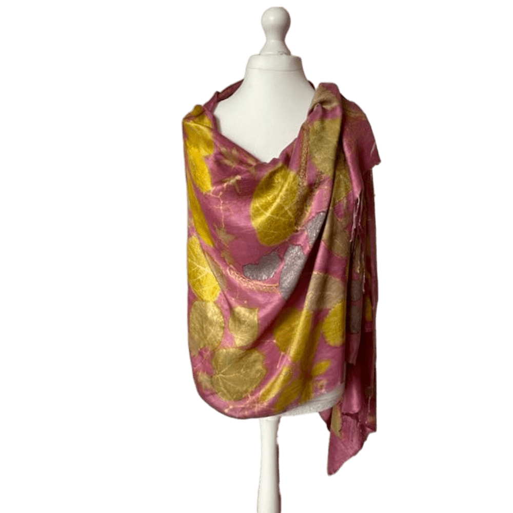 Pink and Gold Silk Shawl with Leaf Prints - Summer Gold - eri peace silk - Image 3