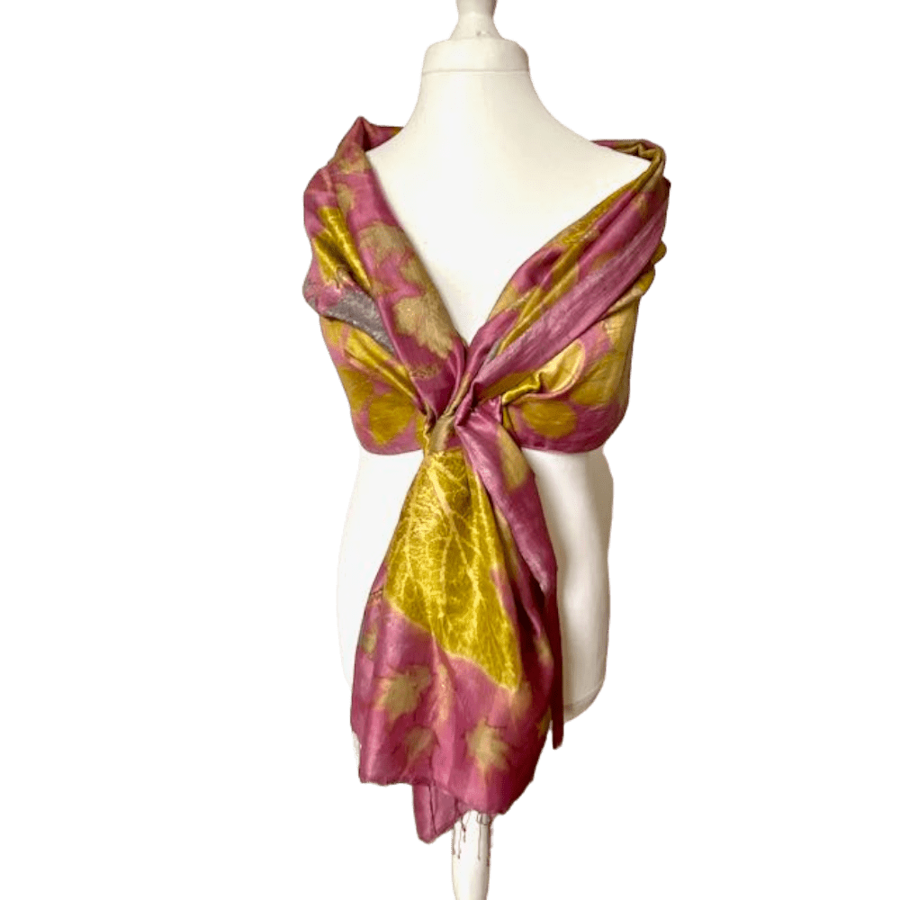 Pink and Gold Silk Shawl with Leaf Prints - Summer Gold - eri peace silk - Image 4