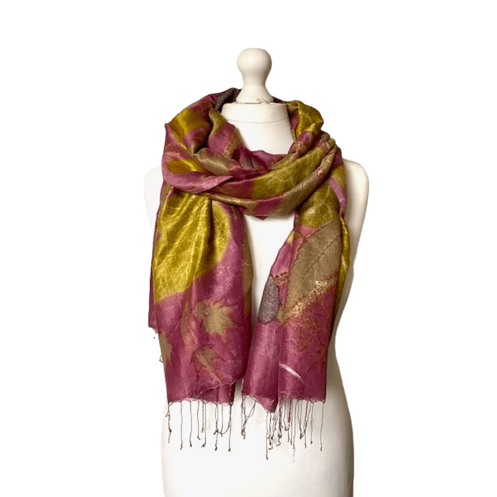 Pink and Gold Silk Shawl with Leaf Prints - Summer Gold - eri peace silk - Image 5