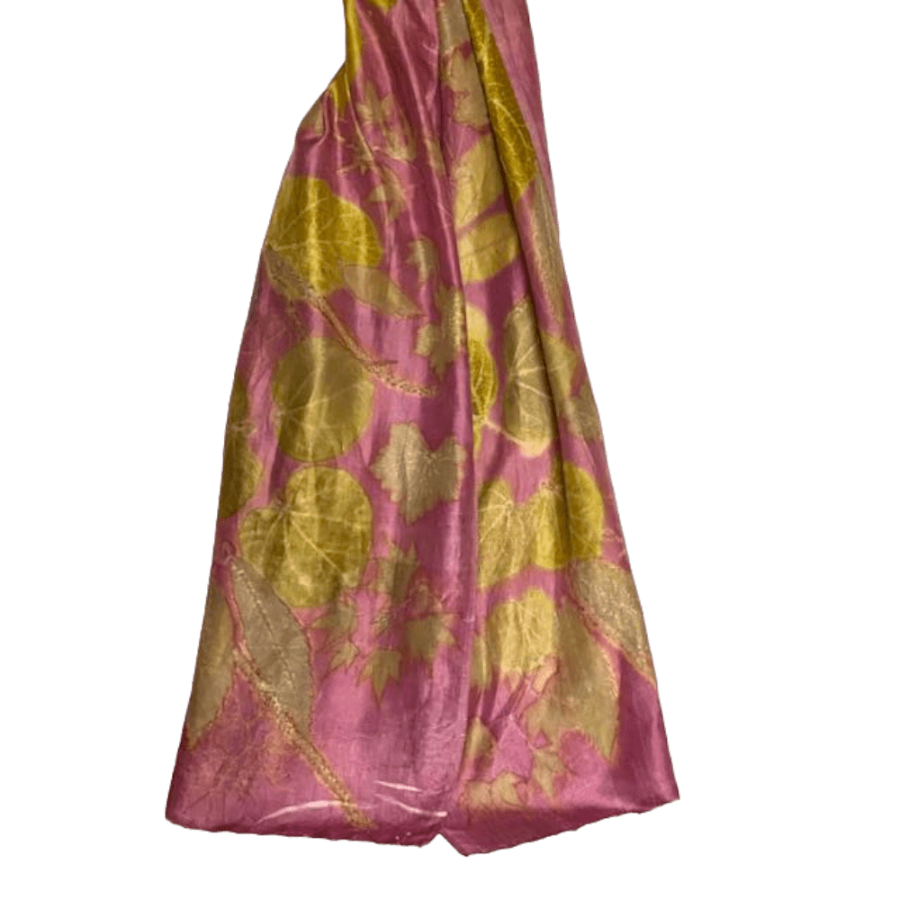 Pink and Gold Silk Shawl with Leaf Prints - Summer Gold - eri peace silk - Image 6