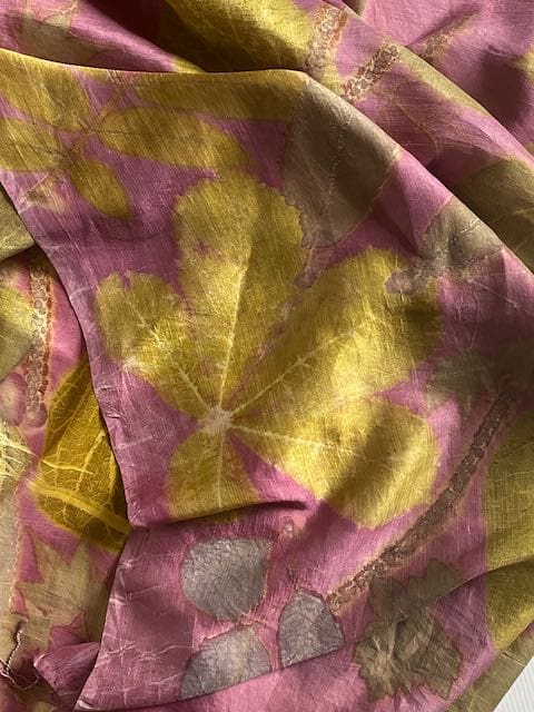 Pink and Gold Silk Shawl with Leaf Prints - Summer Gold - eri peace silk - Image 8