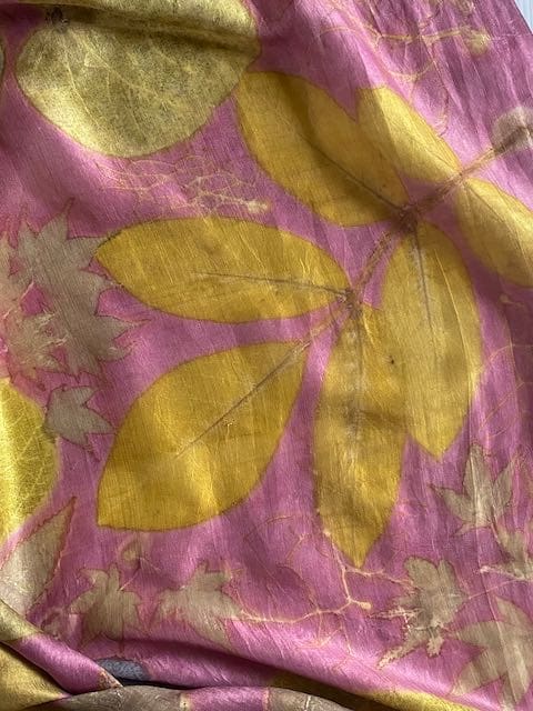 Pink and Gold Silk Shawl with Leaf Prints - Summer Gold - eri peace silk - Image 9