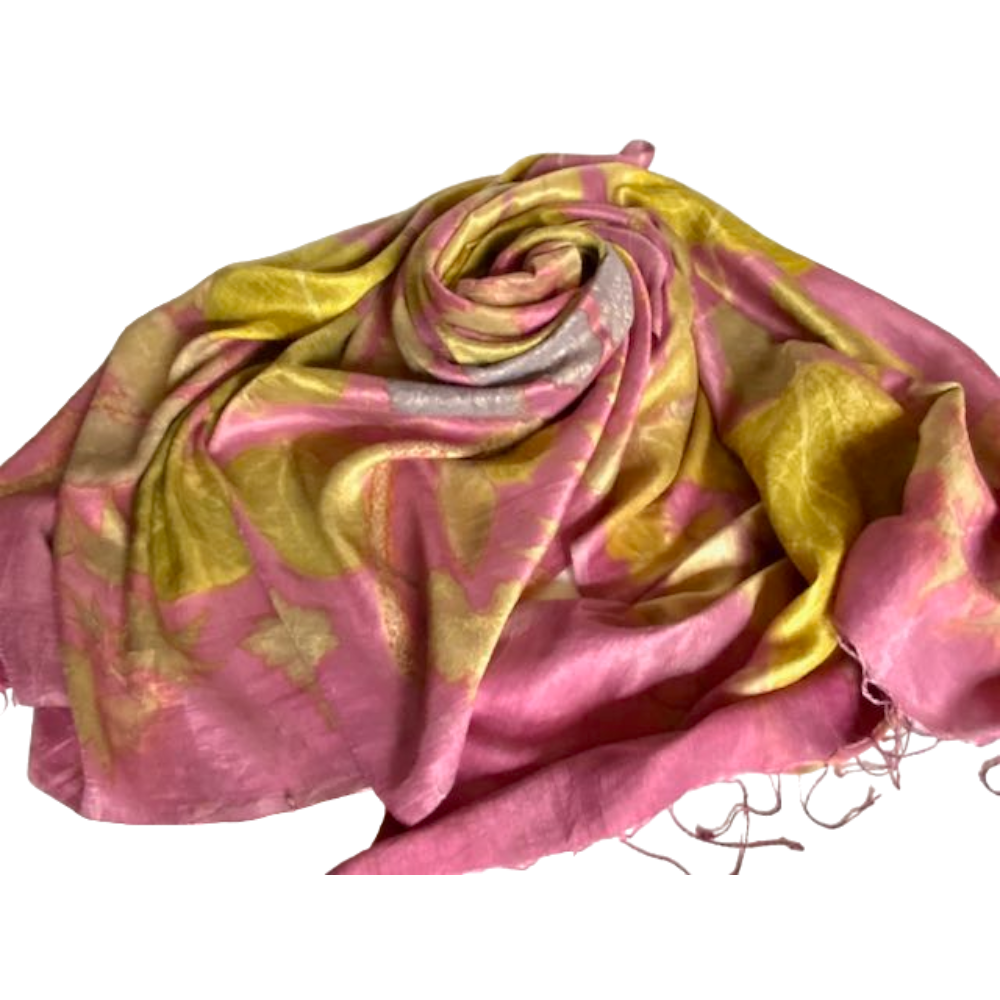 Pink and Gold Silk Shawl with Leaf Prints - Summer Gold - eri peace silk - Image 7