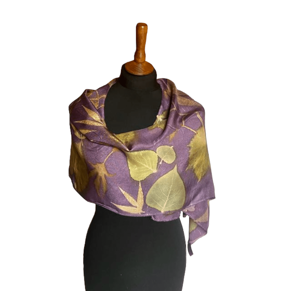 Symphony: Purple Silk Twill Scarf Botanically Printed with Leaves and Flowers - Image 3