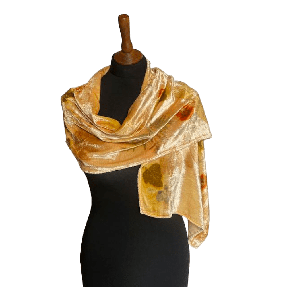 Autumn Gold: Silk Velvet Scarf Botanically Printed with Leaves and Flowers - Image 2