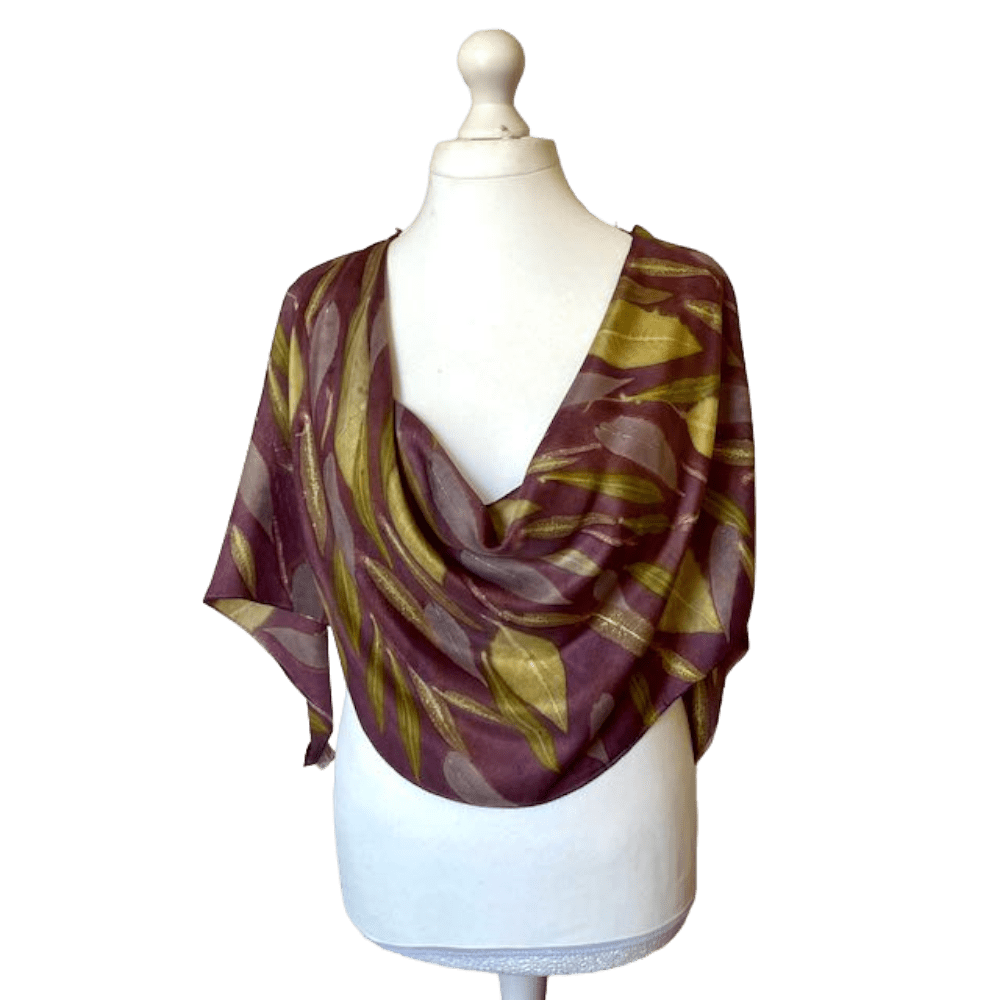 Aubergine Pure Silk Scarf Botanically Printed with Leaves - Image 4