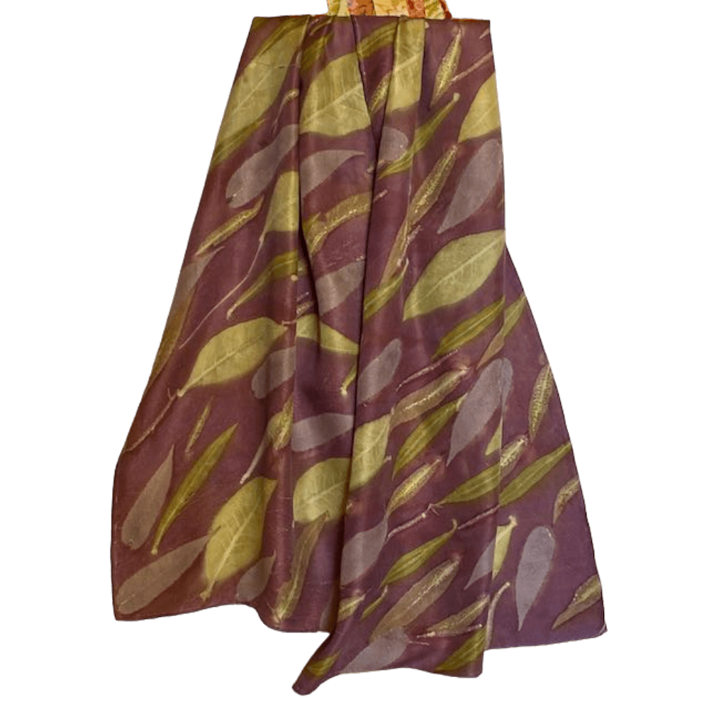 Aubergine Pure Silk Scarf Botanically Printed with Leaves - Image 7