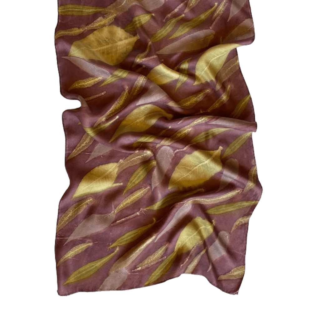 Aubergine Pure Silk Scarf Botanically Printed with Leaves - Image 8