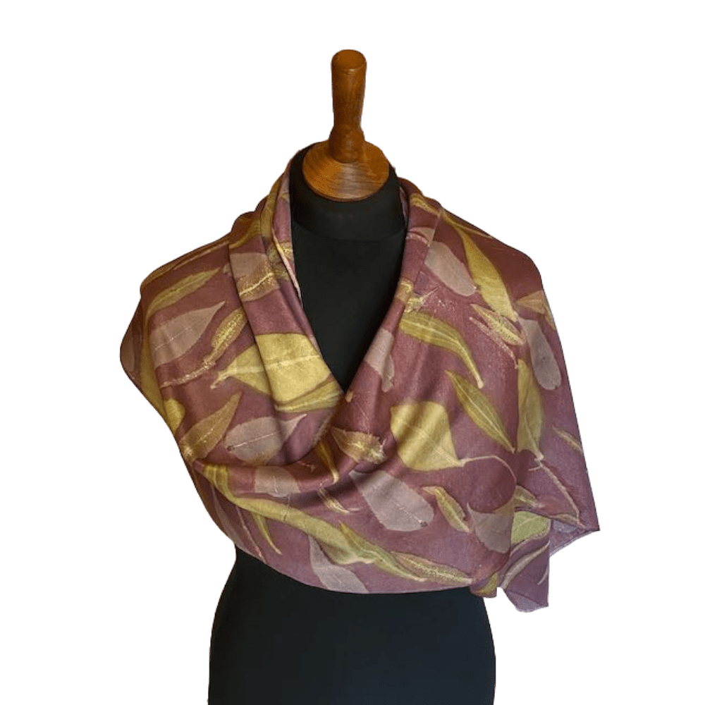 Aubergine Pure Silk Scarf Botanically Printed with Leaves - Image 2