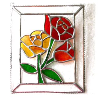 rose framed stained glass picture suncatcher red amber joysofglass art