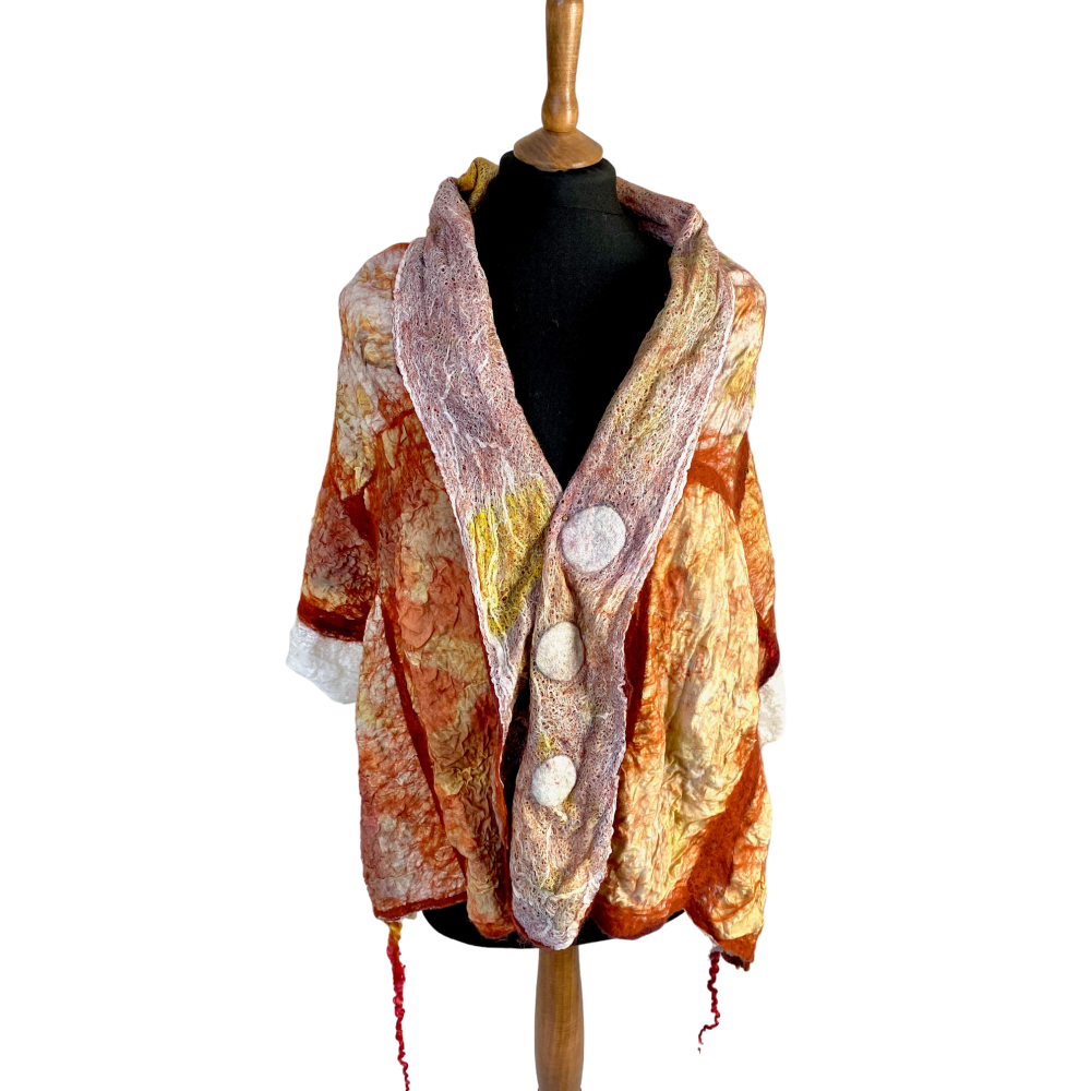 Autumn Glow: Botanical Print Shawl Wool and Silk Nuno Felted - Image 3