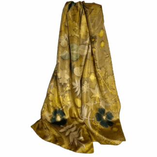 golden-chartreuse-silk-twill-scarf-botanically-printed-leaves-flowers-marian-may-textile-art