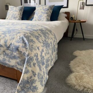 Blue toile bed scarf, french country throw