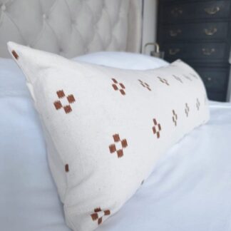 rust brown long lumber pillow cover in handwoven fabric, patterned burnt orange bolster cushion cover