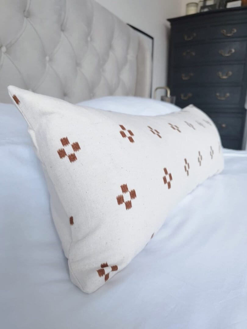 rust brown long lumber pillow cover in handwoven fabric, patterned burnt orange bolster cushion cover