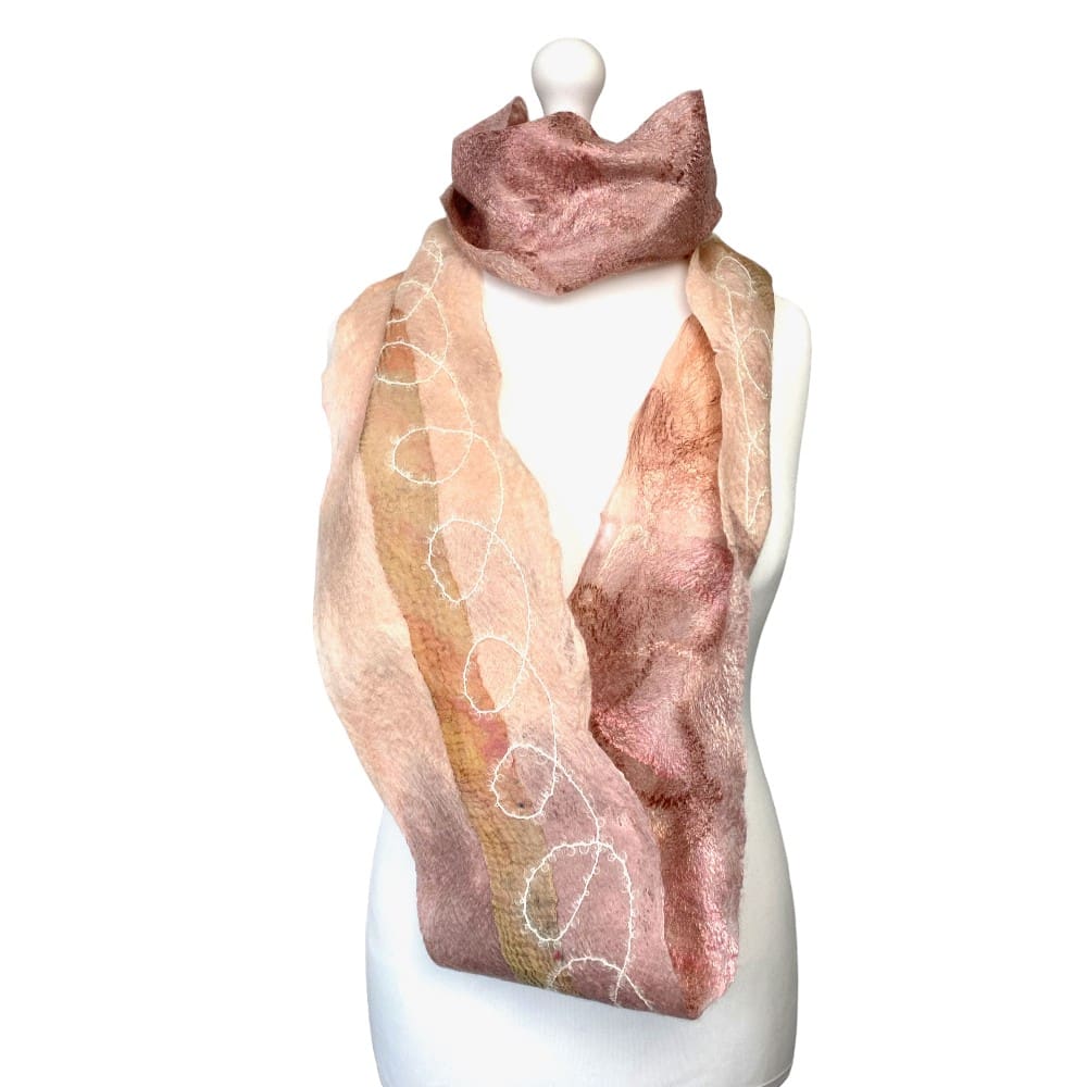 Morning Blush Long Infinity Scarf Cowl Handmade Wool and Silk Felt - Image 2