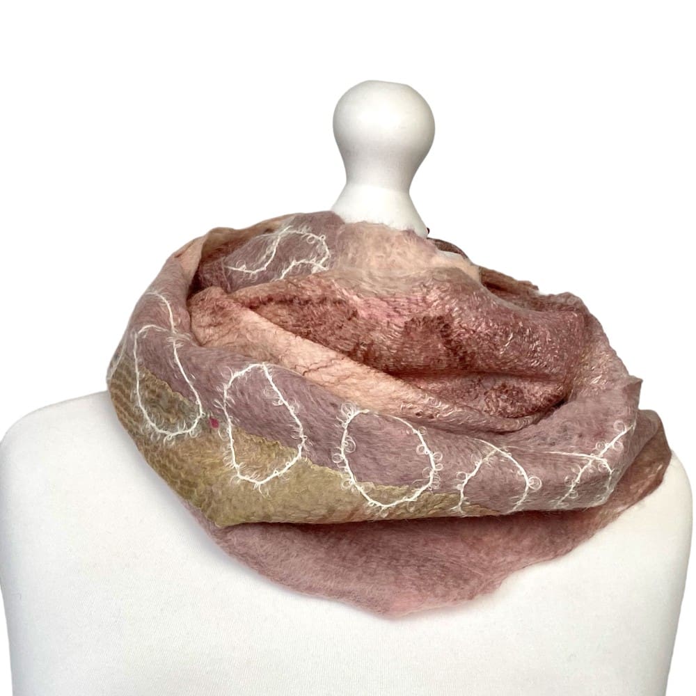 Morning Blush Long Infinity Scarf Cowl Handmade Wool and Silk Felt - Image 3