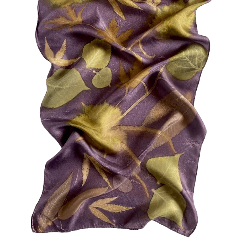 Symphony: Purple Silk Twill Scarf Botanically Printed with Leaves and Flowers - Image 6
