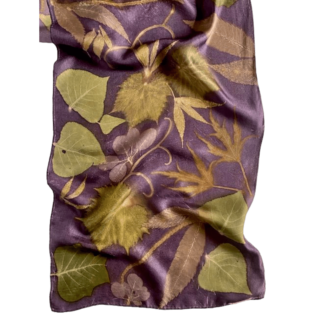 Symphony: Purple Silk Twill Scarf Botanically Printed with Leaves and Flowers - Image 7