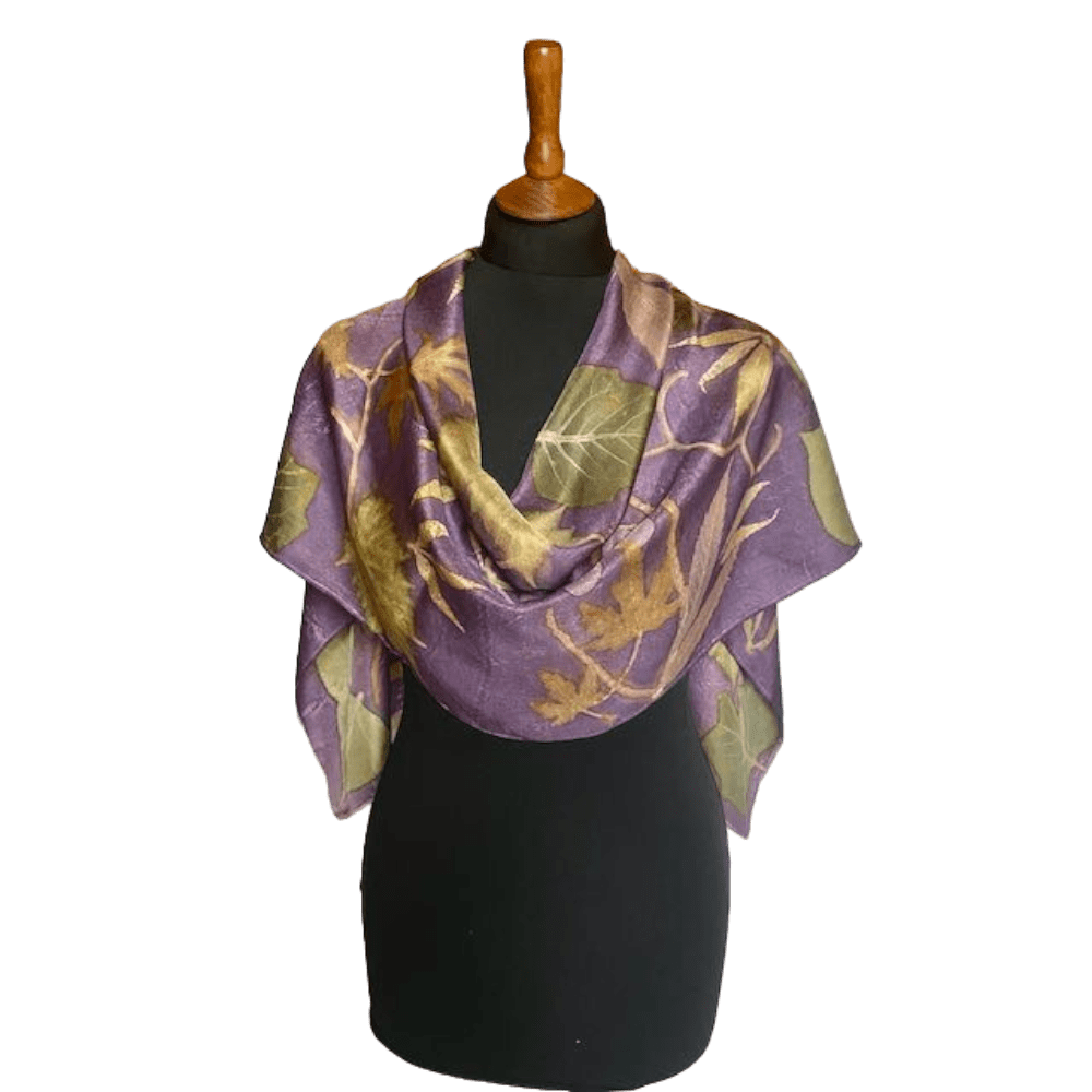Symphony: Purple Silk Twill Scarf Botanically Printed with Leaves and Flowers - Image 2