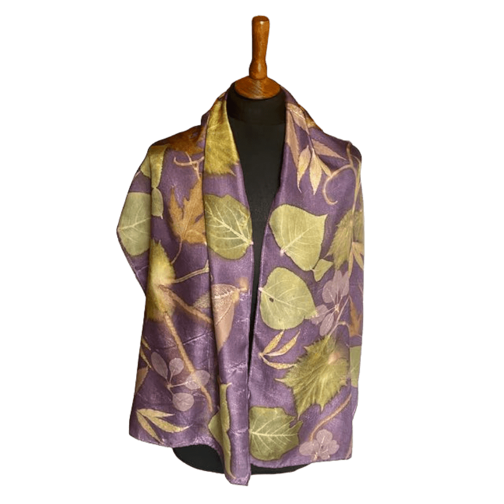 Symphony: Purple Silk Twill Scarf Botanically Printed with Leaves and Flowers - Image 4