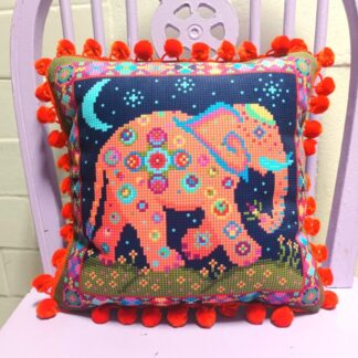 Elephant Moon Velvet Cushion, Fun Pom-pom Trim