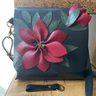 Large crossbody bag, Italian leather, handmade flower decoration