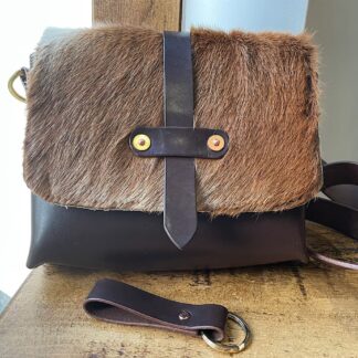 Hair on hide, chocolate leather shoulder bag, hand crafted