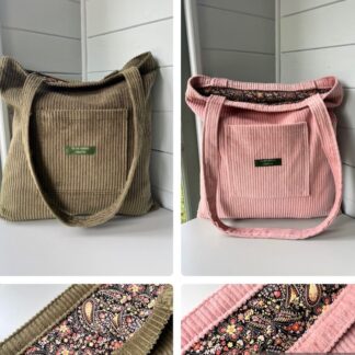 Corduroy pocket tote bag in pink & olive green
