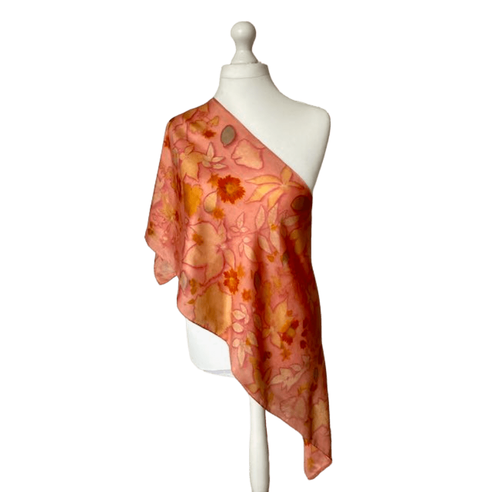 Peach Silk Scarf Naturally Dyed and Botanically Printed with Leaves and Flowers - Image 2