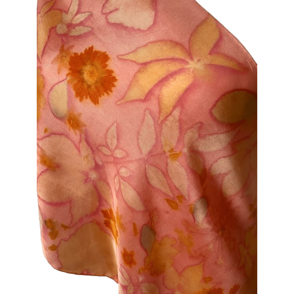 Peach Silk Scarf Naturally Dyed and Botanically Printed with Leaves and Flowers - Image 3