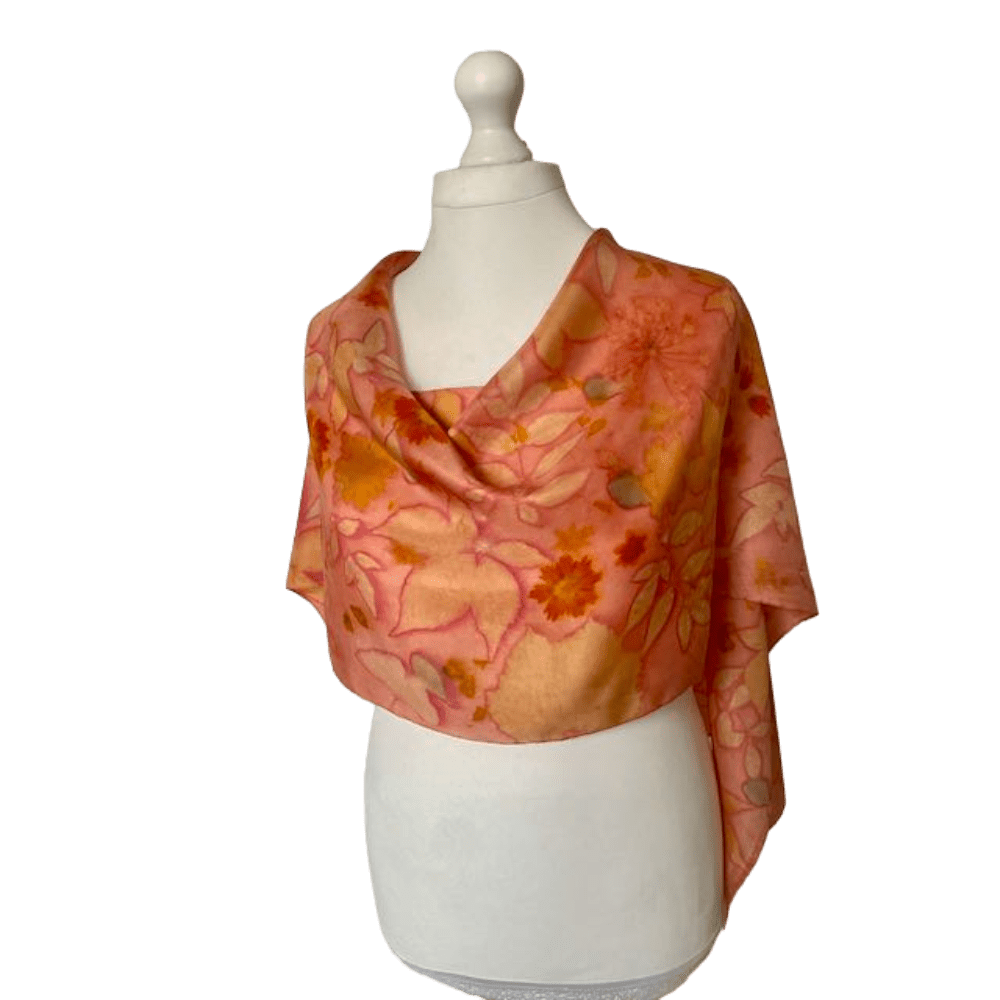 Peach Silk Scarf Naturally Dyed and Botanically Printed with Leaves and Flowers - Image 4