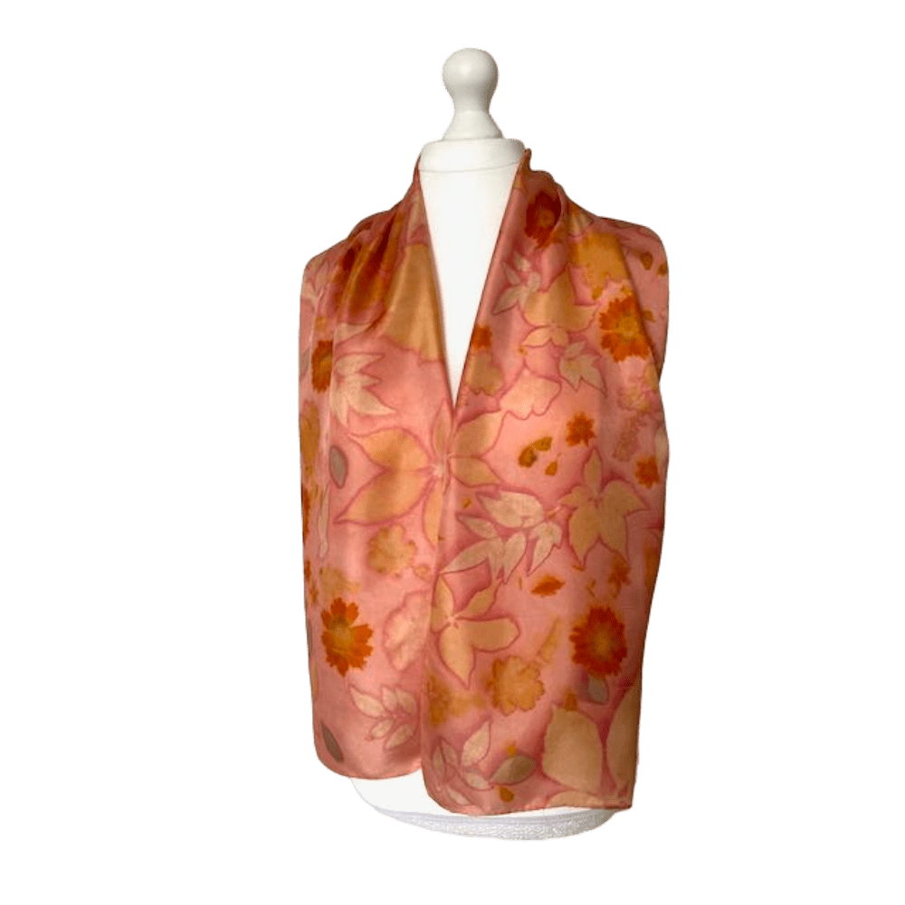 Peach Silk Scarf Naturally Dyed and Botanically Printed with Leaves and Flowers - Image 5