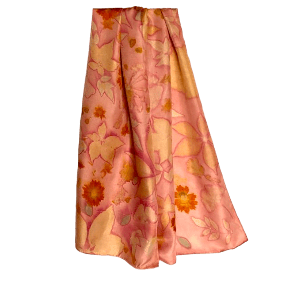 Peach Silk Scarf Naturally Dyed and Botanically Printed with Leaves and Flowers - Image 6