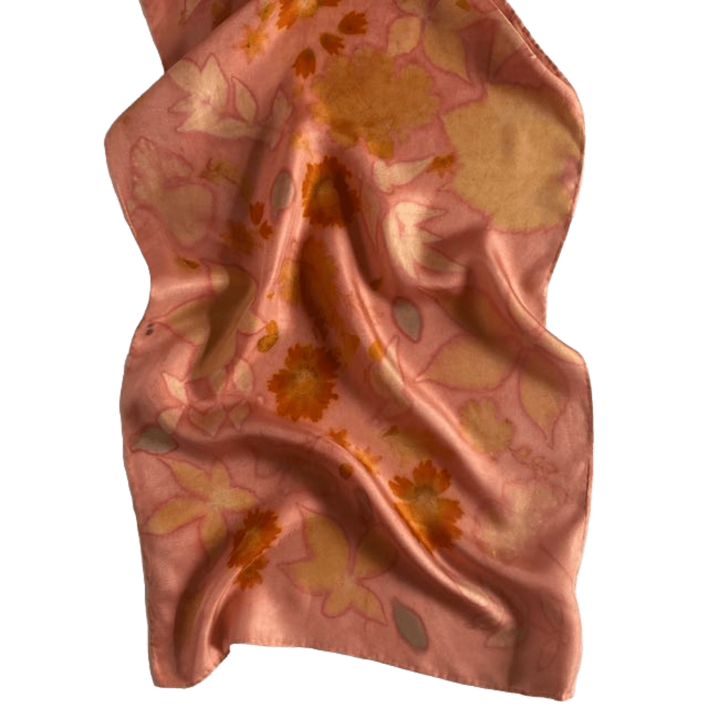 Peach Silk Scarf Naturally Dyed and Botanically Printed with Leaves and Flowers - Image 7