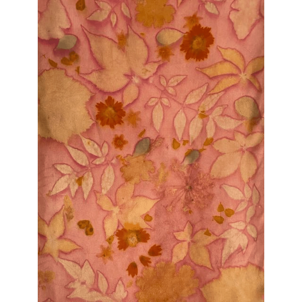Peach Silk Scarf Naturally Dyed and Botanically Printed with Leaves and Flowers - Image 8