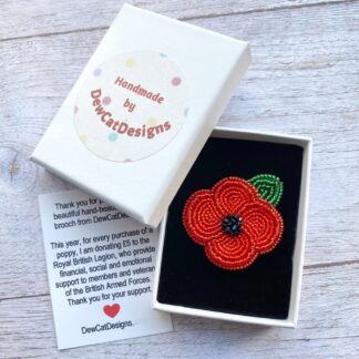 hand beaded red poppy pin, remembrance brooch, DewCatDesigns